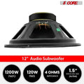 Mandotos 5Core Max Bass 15-inch subwoofer with 450W power and 4 Ohm impedance, showcasing the speaker cone and rugged design.