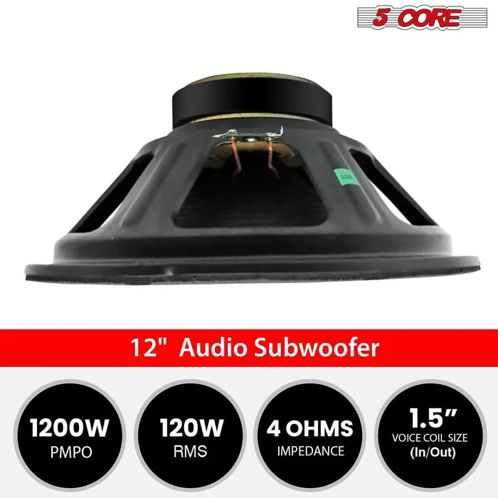 Mandotos 5Core Max Bass 15-inch subwoofer with 450W power and 4 Ohm impedance, showcasing the speaker cone and rugged design.