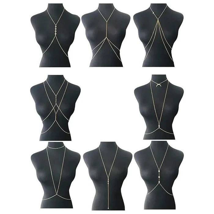 Set of 8 gold-tone body chains for women, including belly and waist chains, perfect for summer beach bikinis and body jewelry.