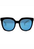 Adidas Originals Oversized Mirror Cat Eye Sunglasses in black blue with matte black oversized frame and blue mirror lens — front view
