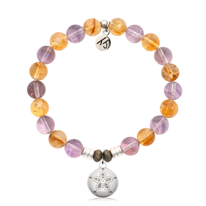 Amethyst Citrine Gemstone Bracelet with Sand Dollar CZ Sterling Silver Charm