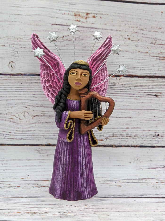 Christmas Decorations, Angel with Harp, Christmas Angel Home Decor, Handmade Angel Art de Oaxaca Mexico