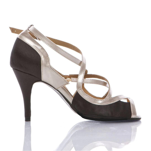 Black satin Latin dance shoes with crisscross straps and suede sole