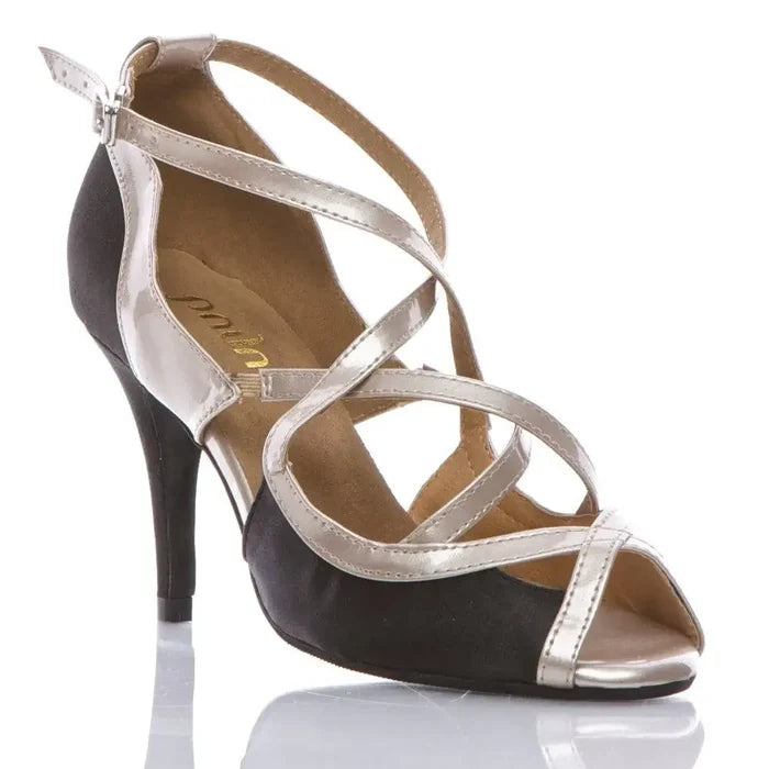 Black satin Latin dance shoes with crisscross straps and suede sole
