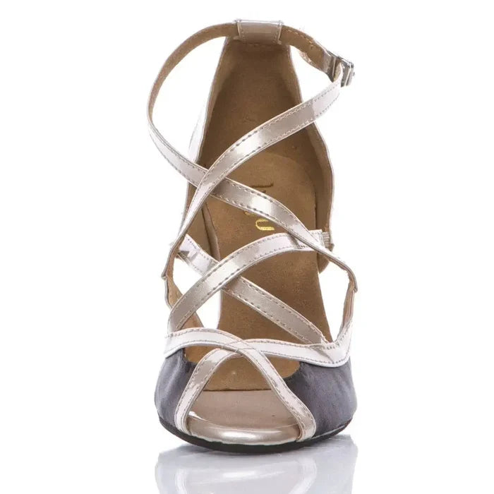 Black satin Latin dance shoes with crisscross straps and suede sole