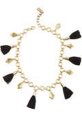Frasier Sterling Bahama Mama Choker in gold black with tassel pendants and gold plated hardware on festival choker — front view