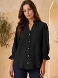 Black Ruffle 3/4 Sleeve Button Down Front Blouse