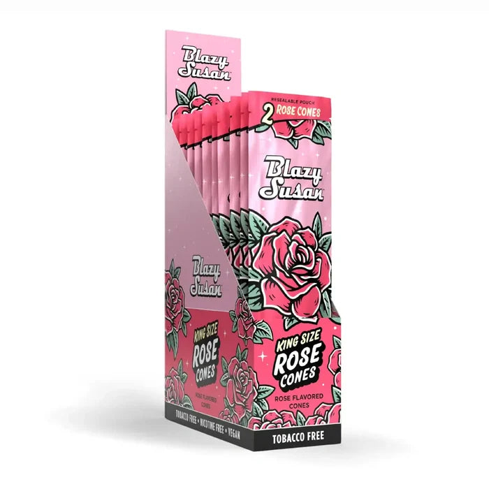 Blazy Susan King Size Rose Cones display with 10 pink pouches and floral pre-rolled cone branding