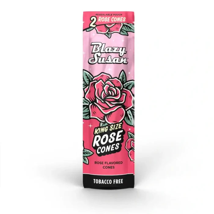 Front view of Blazy Susan rose cone pouch with pink artwork for two King Size pre-rolled cones