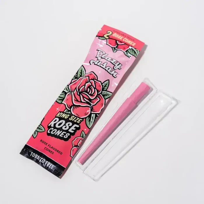 Open Blazy Susan pouch showing two pink King Size rose cones held in a protective plastic tray