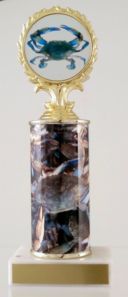 A trophy featuring a blue crab logo on the top award, with a crab column, mounted on a white base.