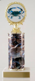 A trophy featuring a blue crab logo on the top award, with a crab column, mounted on a white base.