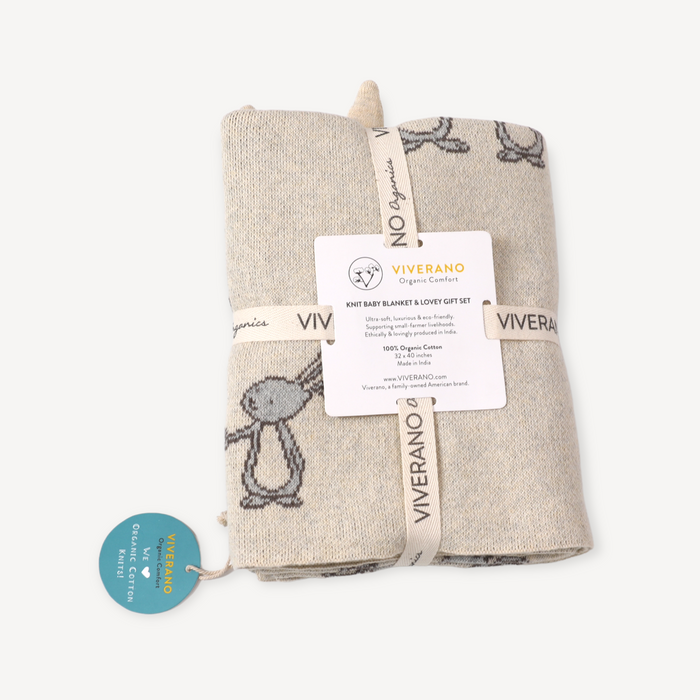 Bunny Mommy & Me Jacquard Knit Baby Blanket & Lovey Gift SET (Organic) by Viverano