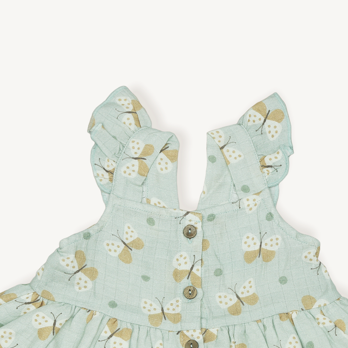 Butterfly Ruffle Button Baby Dress + Bloomer (Organic Muslin)