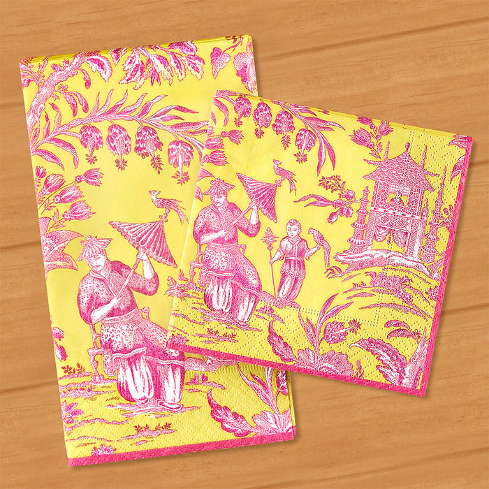 Caspari Paper Napkins, Chartreuse Silk Road Toile