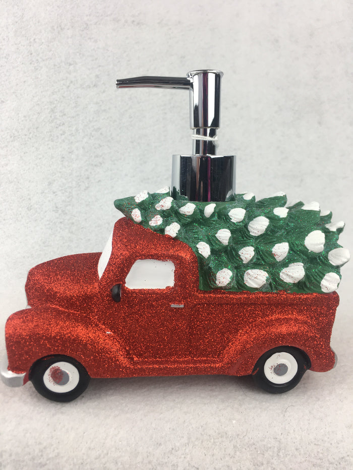 Christmas Glittered Red Truck Carrying Tree Soap or Lotion Dispenser