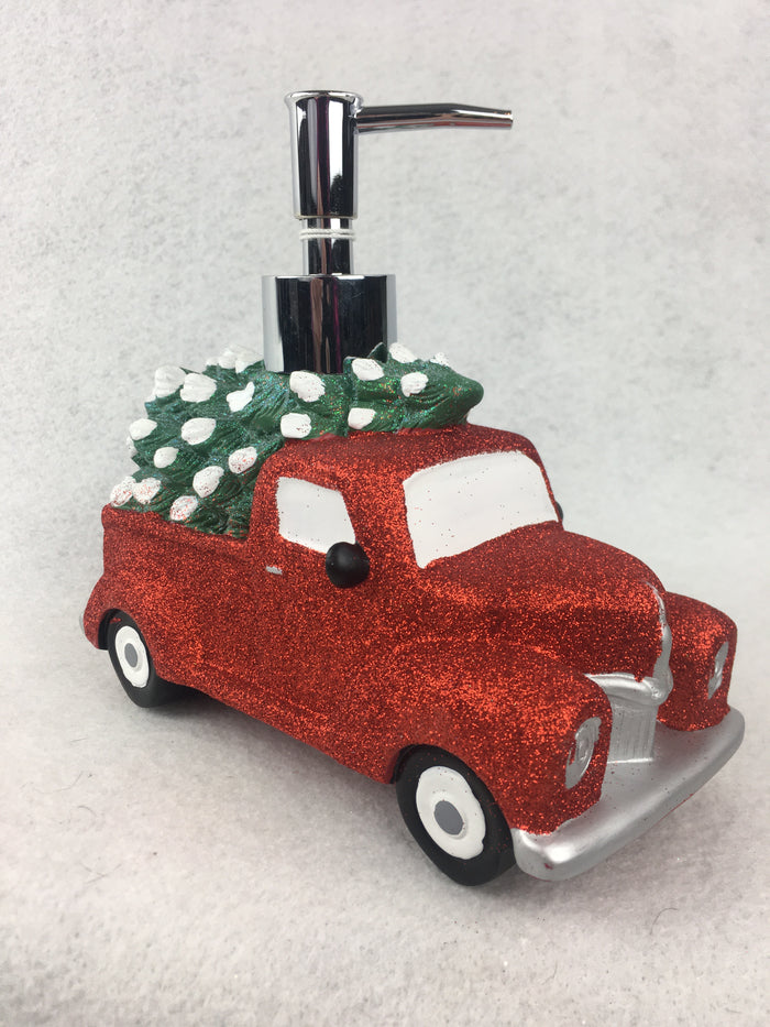 Christmas Glittered Red Truck Carrying Tree Soap or Lotion Dispenser