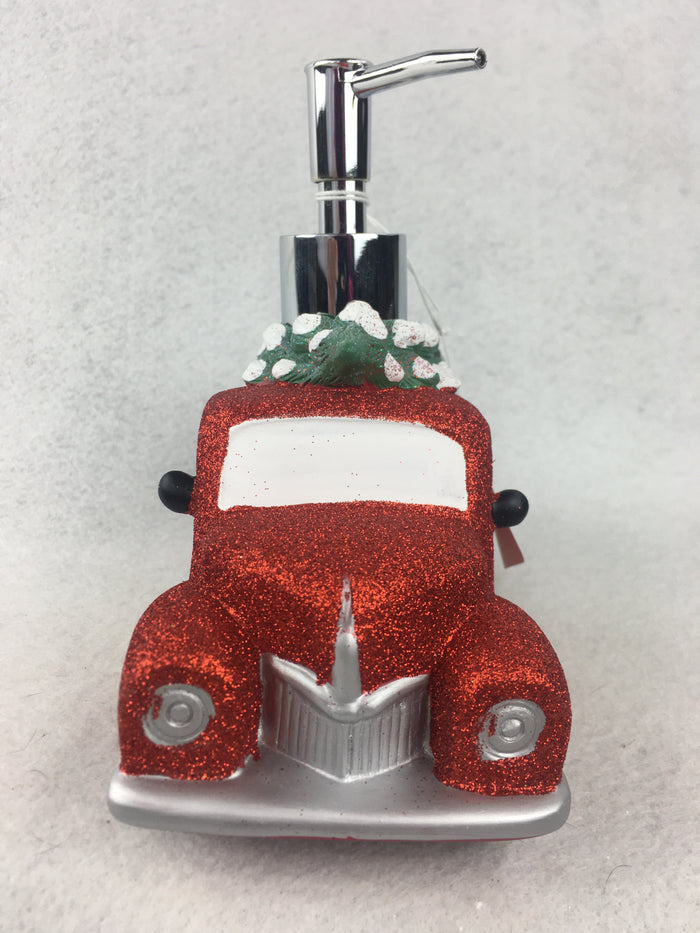 Christmas Glittered Red Truck Carrying Tree Soap or Lotion Dispenser