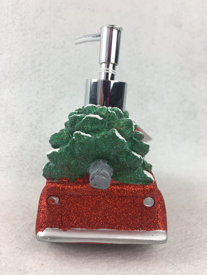 Christmas Glittered Red Truck Carrying Tree Soap or Lotion Dispenser