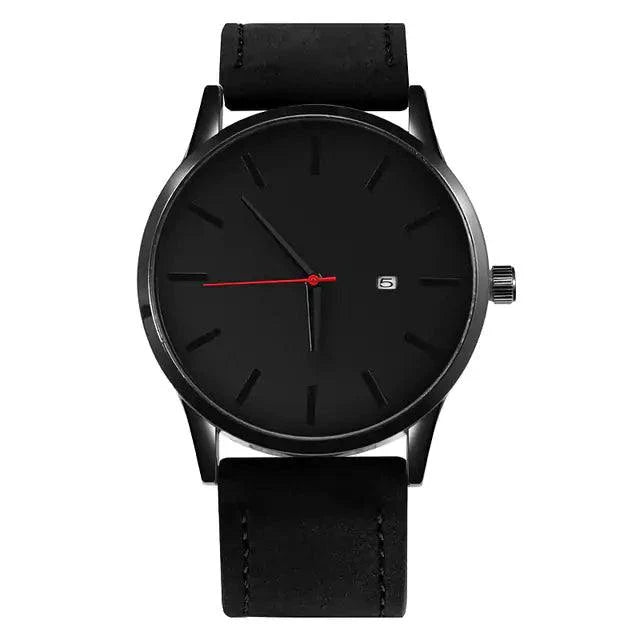 Mandotos Classic Leather Timepiece with black leather strap and round silver watch face on a white background.