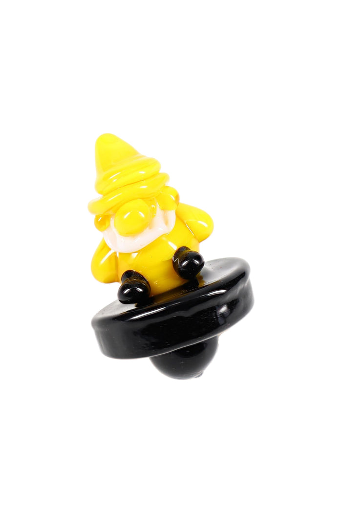 Colorful gnome character glass carb cap with black base, easy-grip topper for airflow control on quartz banger
