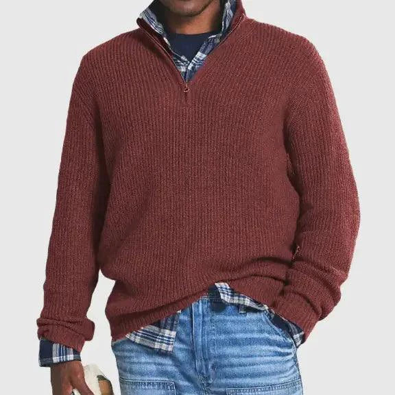 Mandotos Cozy Zip-Up Knit Sweater in soft wool with a front zipper, ribbed cuffs, and a comfortable fit.