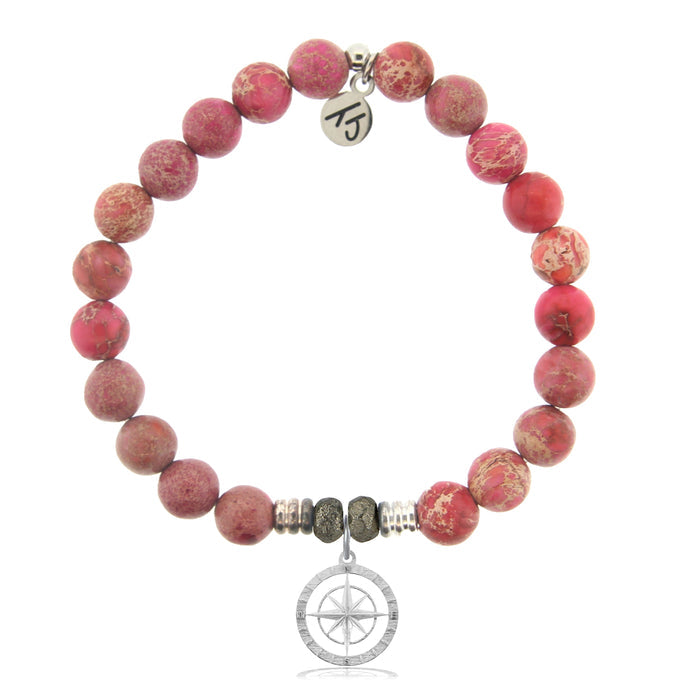 Cranberry Jasper Gemstone Bracelet with Compass Rose Sterling Silver Charm