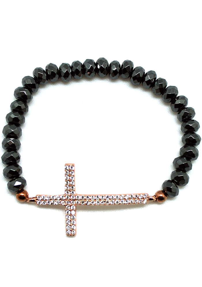 7 LUXE Crystal Cross Beaded Bracelet in Gunmetal