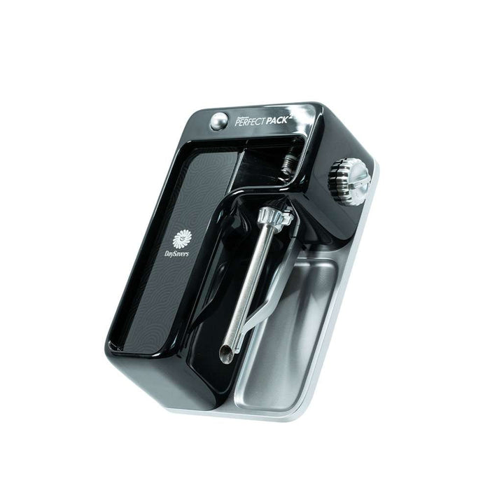 Black DaySavers filling machine angled on white background with compact tray and tube assembly