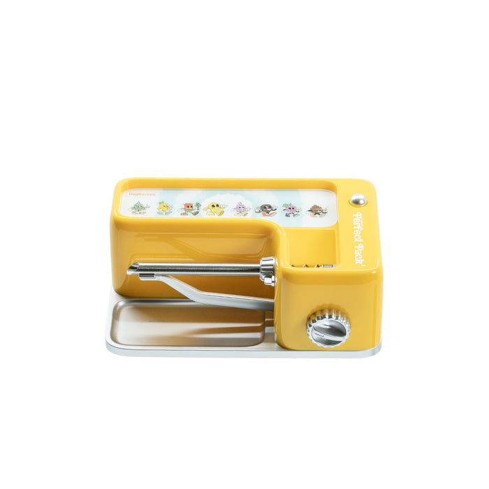 Front view of yellow DaySavers filling machine with built-in tray and tube assembly