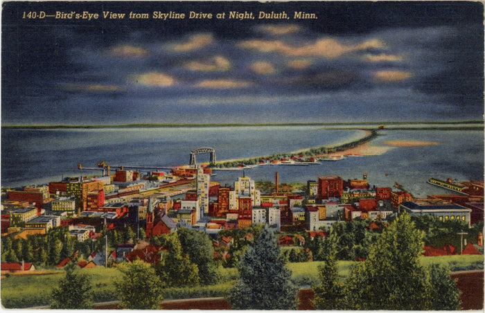 Duluth Minnesota Aerial from Skyline Drive at Night Vintage Postcard (unposted) - Vintage Postcard Boutique