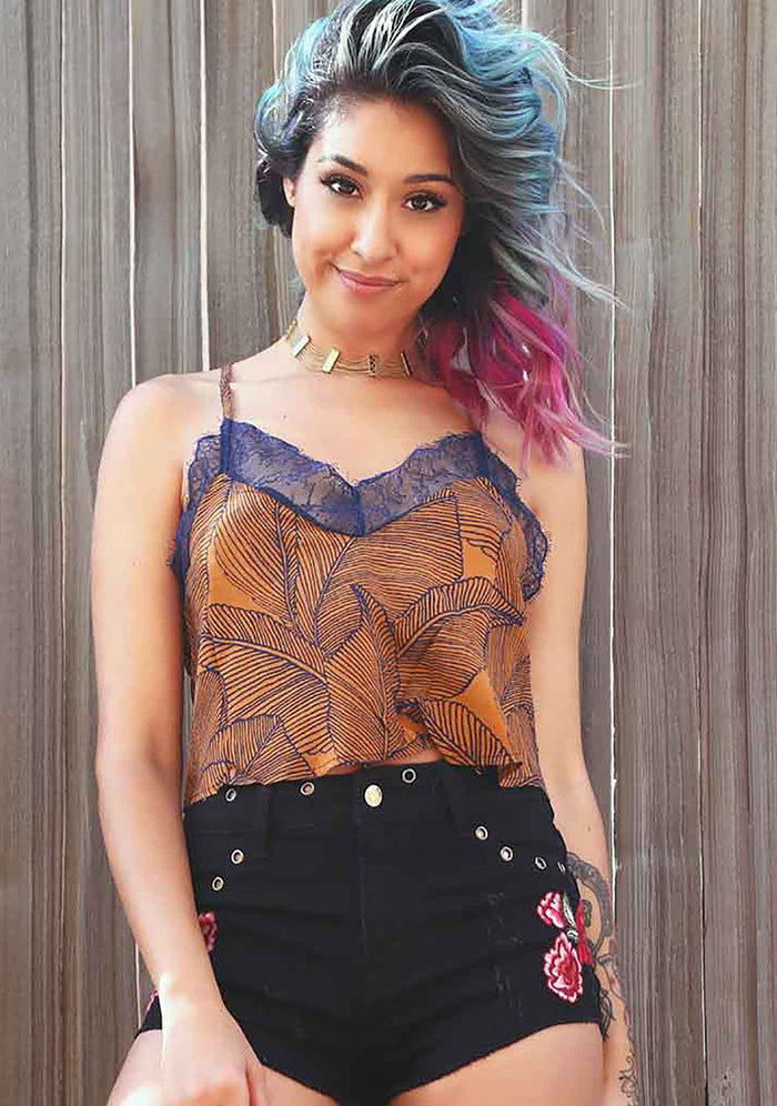 UNIQ Floral Lace Crop Tank Top in camel with floral leaf print and v-neckline on festival top — model view
