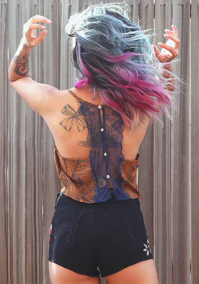UNIQ Floral Lace Crop Tank Top in camel — model side view