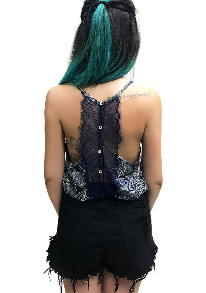 UNIQ Floral Lace Crop Tank Top in navy — back view