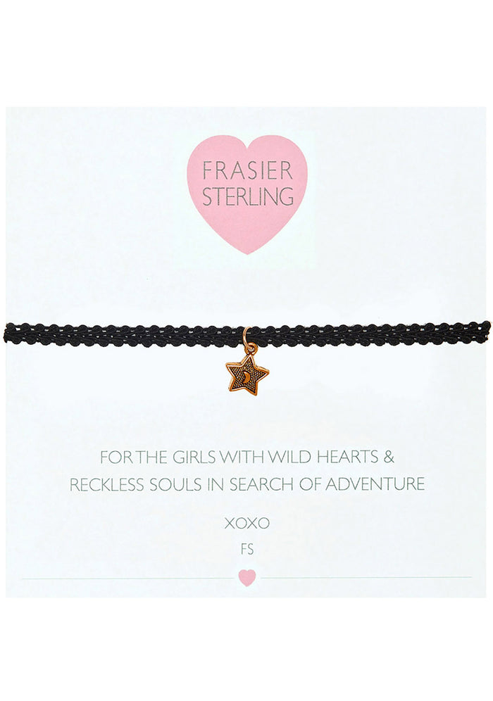 Frasier Sterling Nothing But Love Star Choker in black with lace band and gold plated star pendant on festival choker — front view
