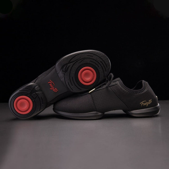 Fuego dance shoes – black split-sole with dual pivot points.