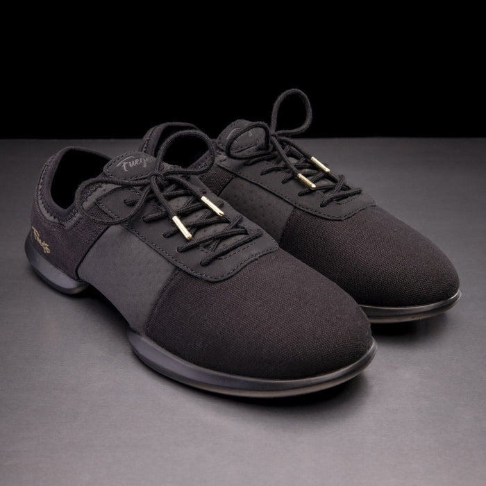 Fuego dance shoes – black split-sole with dual pivot points.