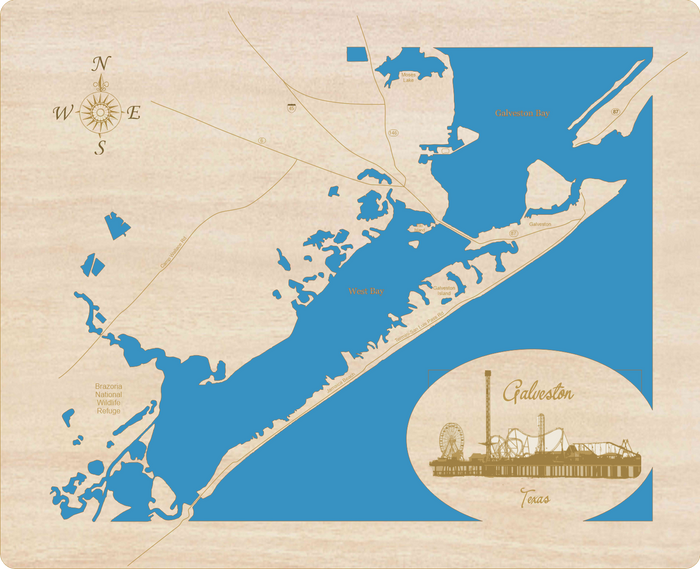 Galveston, Texas - laser cut wood map