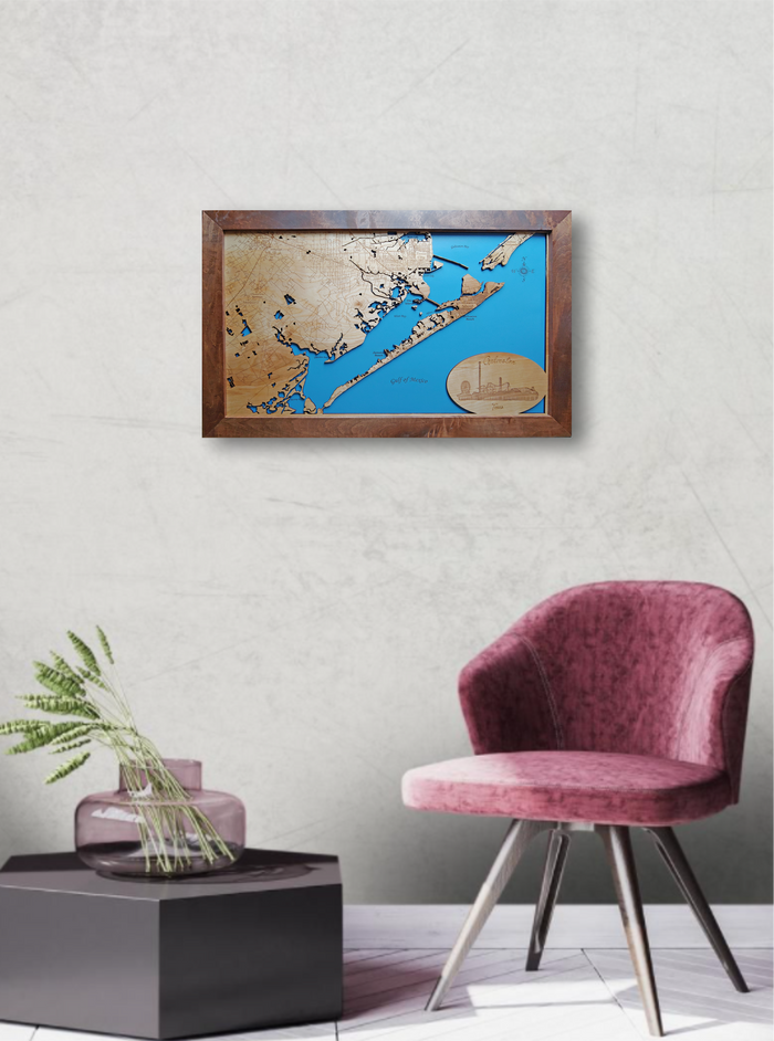 Galveston, Texas - laser cut wood map