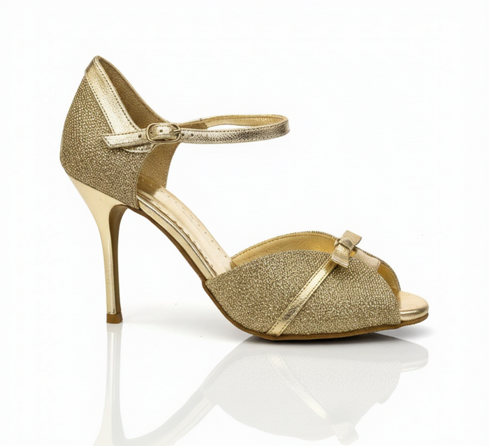 Gold Sequel tango shoes metallic leather bow Argentine heels