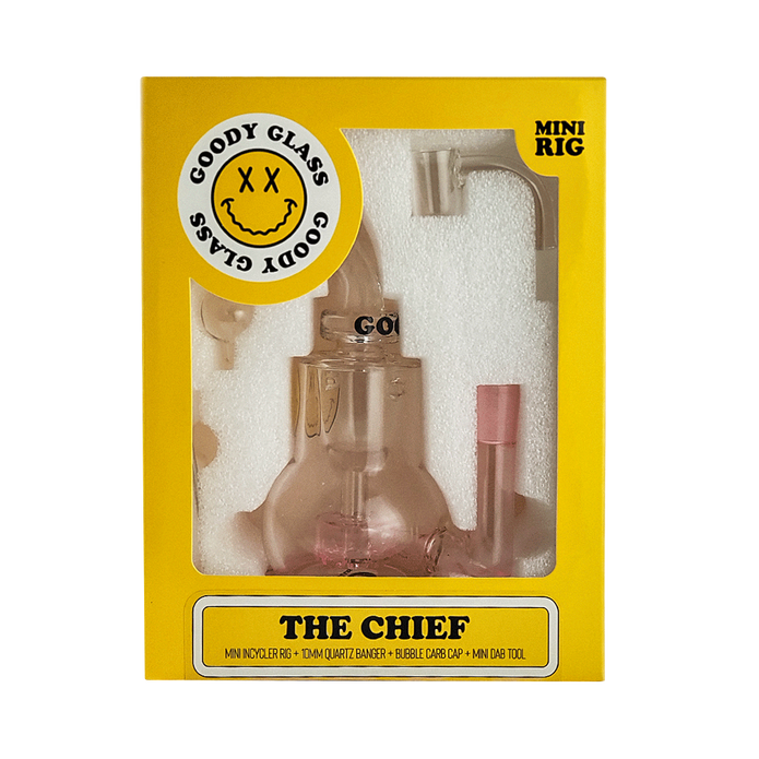 Yellow Goody Glass The Chief retail box showing mini rig, 10 mm banger, carb cap, and tool