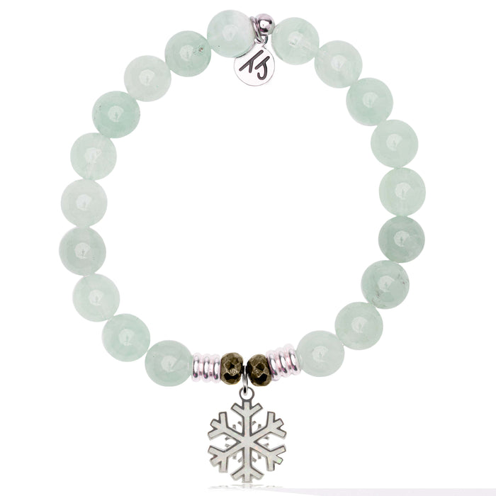 Green Angelite Gemstone Bracelet with Snowflake Opal Sterling Silver Charm
