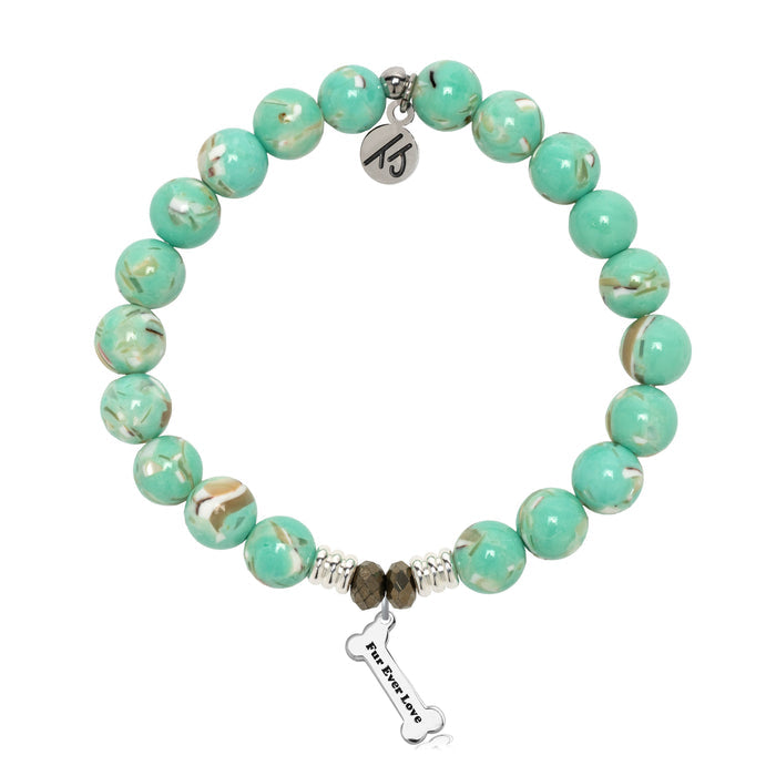Light Green Shell Gemstone Bracelet with Fur Ever Love Sterling Silver Charm