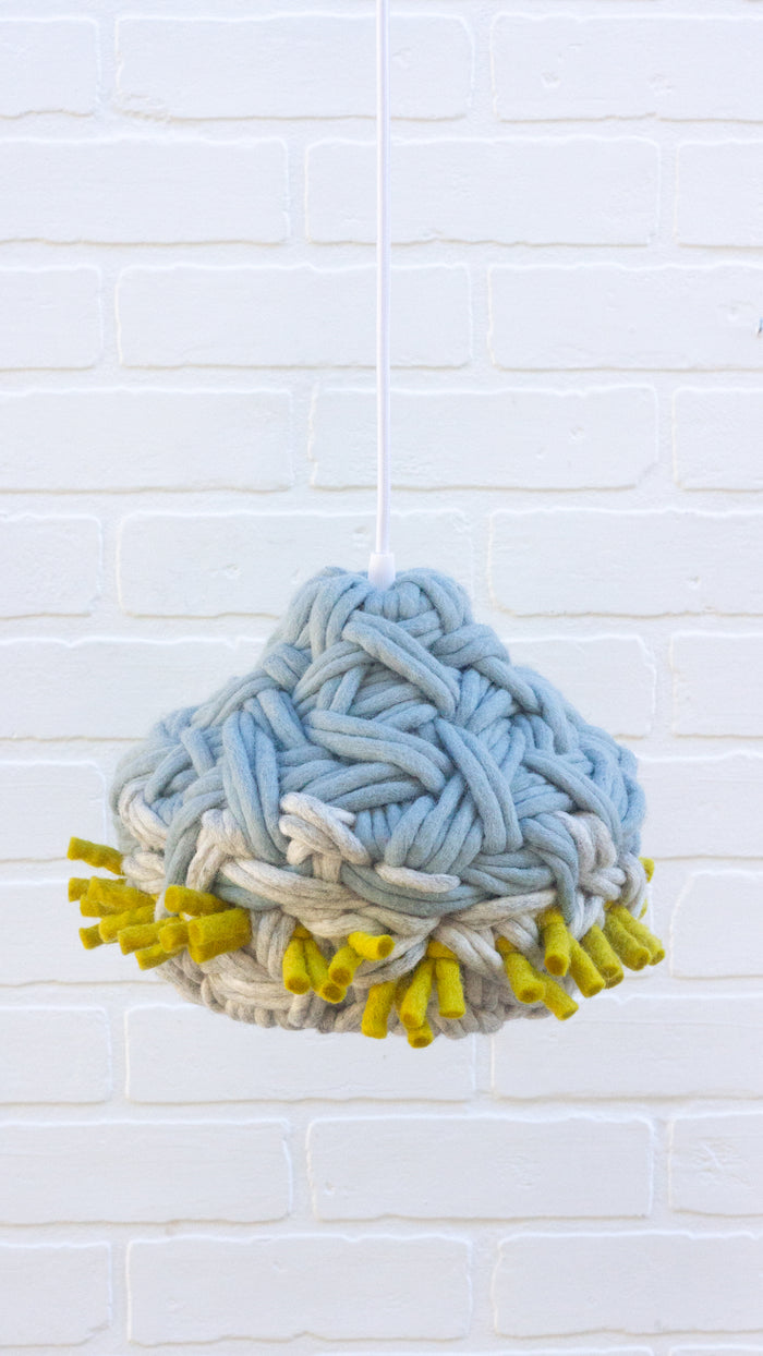 Handwoven Modern Pendant Lamp in Blue/Grey/Chartreuse Felted Yarn