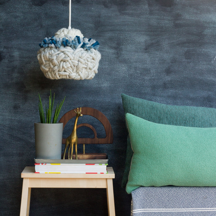Handwoven Modern Pendant Lamp in Blue/Grey/Chartreuse Felted Yarn