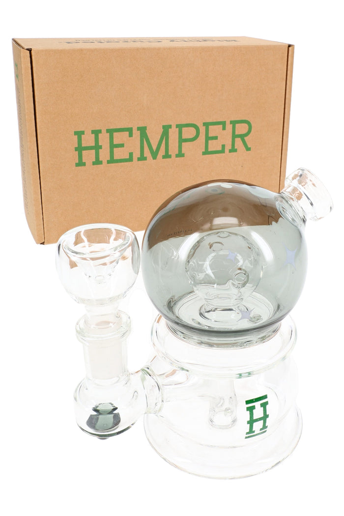 Hemper Fortune Box packaging with clear 5″ crystal ball perc glass bong and 14.5 mm bowl, compact gift-ready set