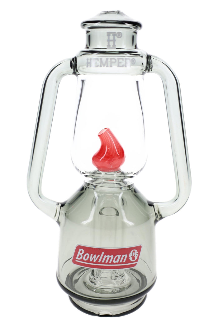 Front view lantern Peak top with Bowlman decal and “H” logo on smoke glass, red flame guard above clear chamber