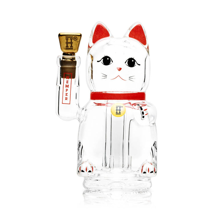 Studio front shot of clear lucky cat Peak top with red accents and gold “H” medallion, gold mouthpiece highlighted