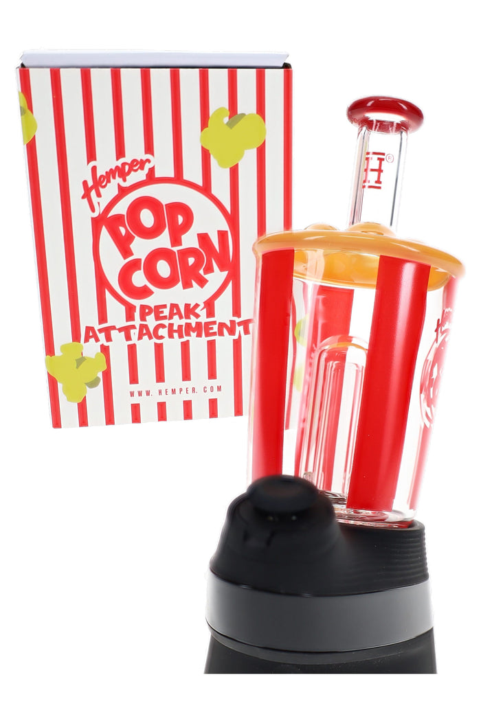 Hemper Popcorn Puffco Peak top on device with striped box, clear bucket body and yellow popcorn cap, 4.7″ tall