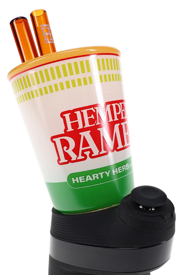 Hemper Peak attachment styled like a ramen cup, white-and-green body with two amber straw mouthpieces